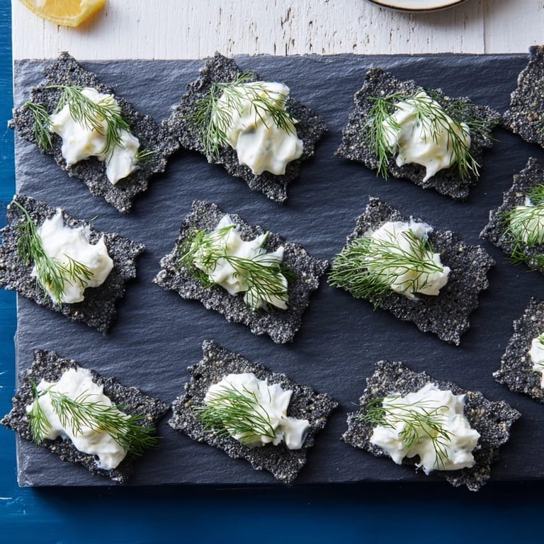 Salty, dark charcoal crackers support tangy goat cheese in this impressive Stormy Sea appetizer ready.