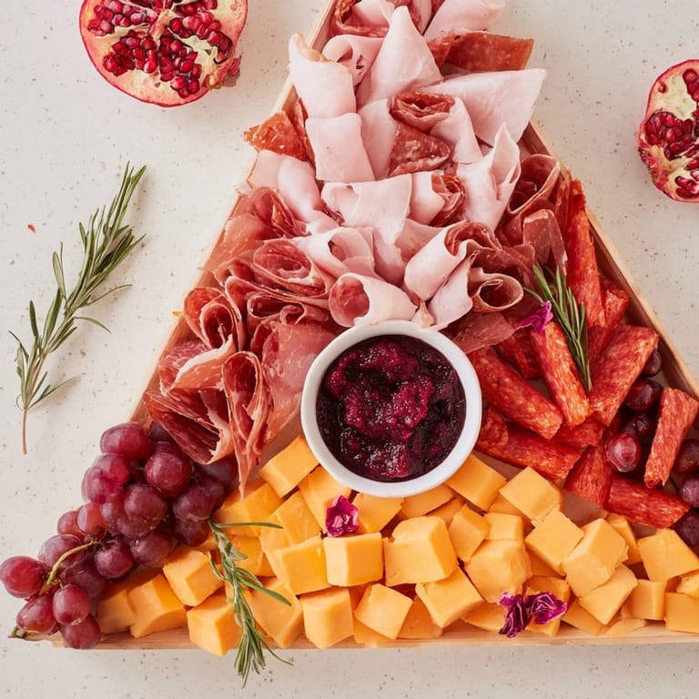 Elegant arrangement: Sliced cheeses, meats, and vibrant garnishes compose this Crimson Crest board.