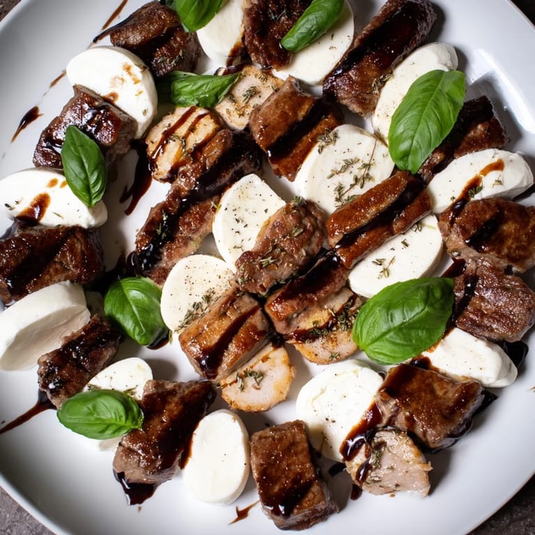 Beautifully arranged Safari Stripes platter with glistening balsamic glaze, fresh basil garnish, and savory meats.