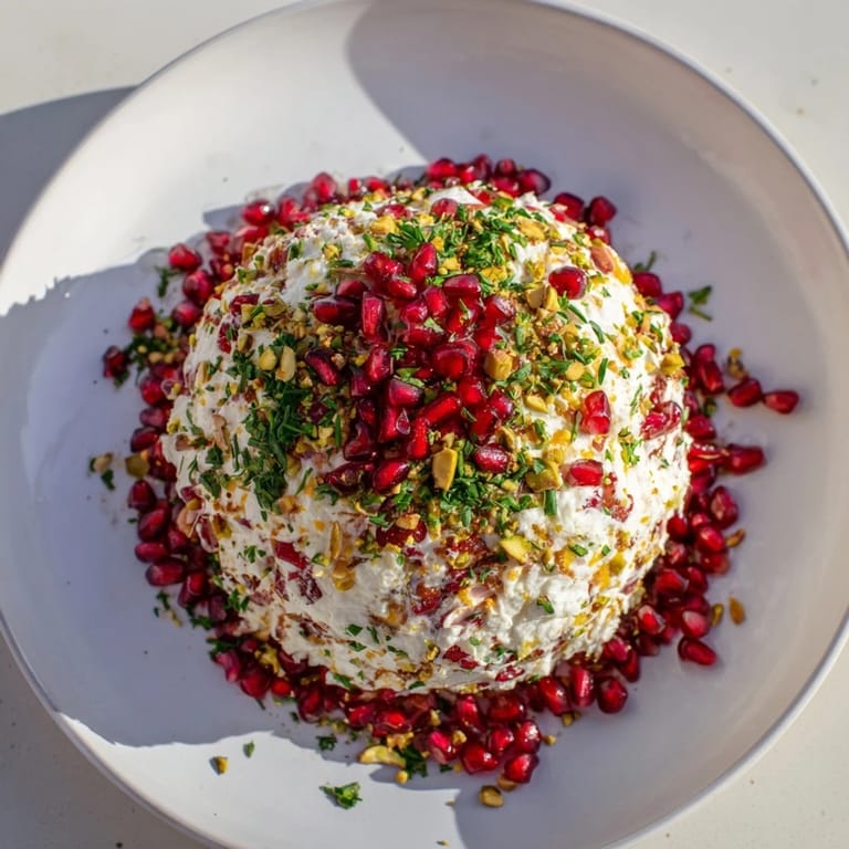 Festive Royal Orb cheese ball, coated in pistachios and pomegranate seeds, perfect for a holiday party appetizer.