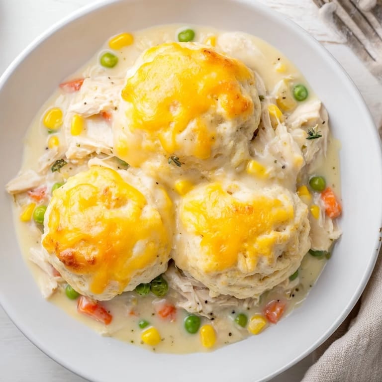 A close-up image shows warm, comforting Chicken Cobbler with Red Lobster biscuits.