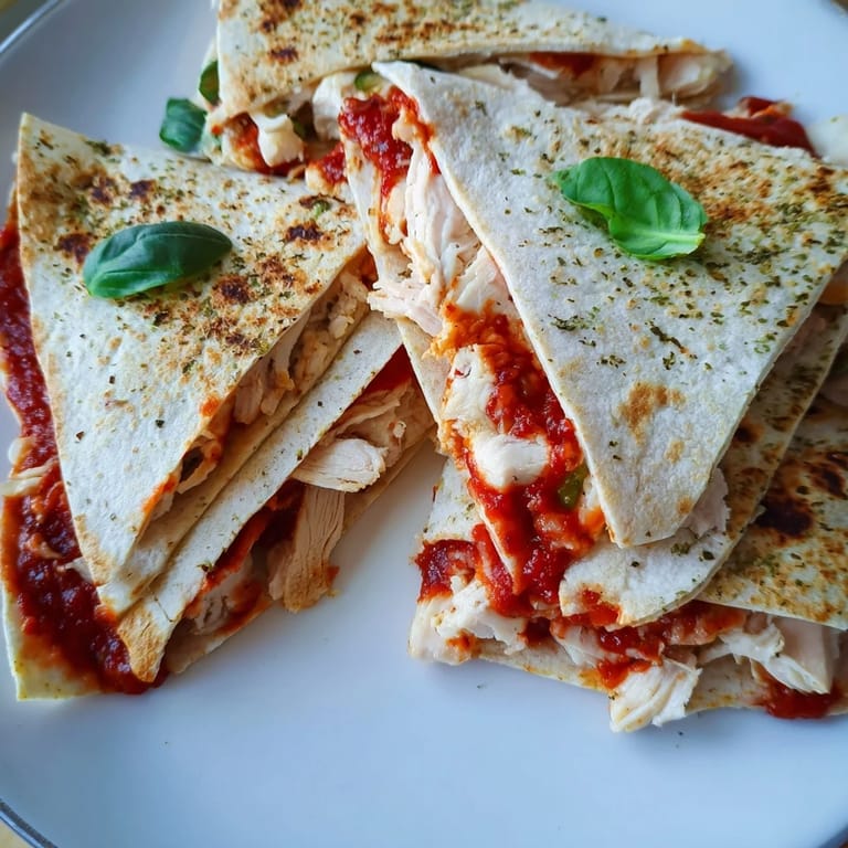 A close-up of a perfectly folded tortilla pizza wrap, showing off rich chicken and melted cheese.
