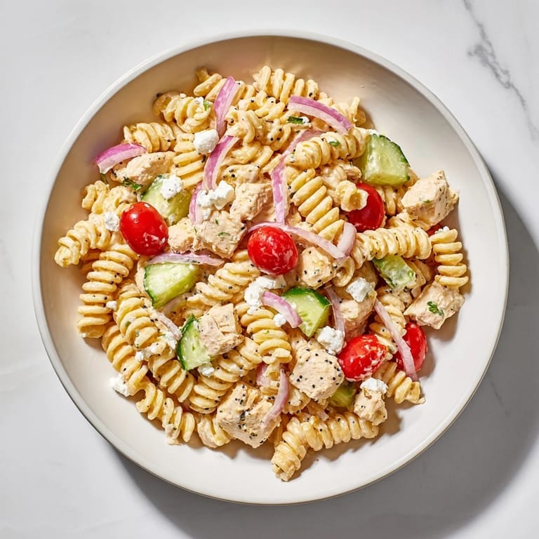 This Everything Bagel Chicken Pasta Salad showcases juicy chicken and vegetables, perfect for a summer lunch.