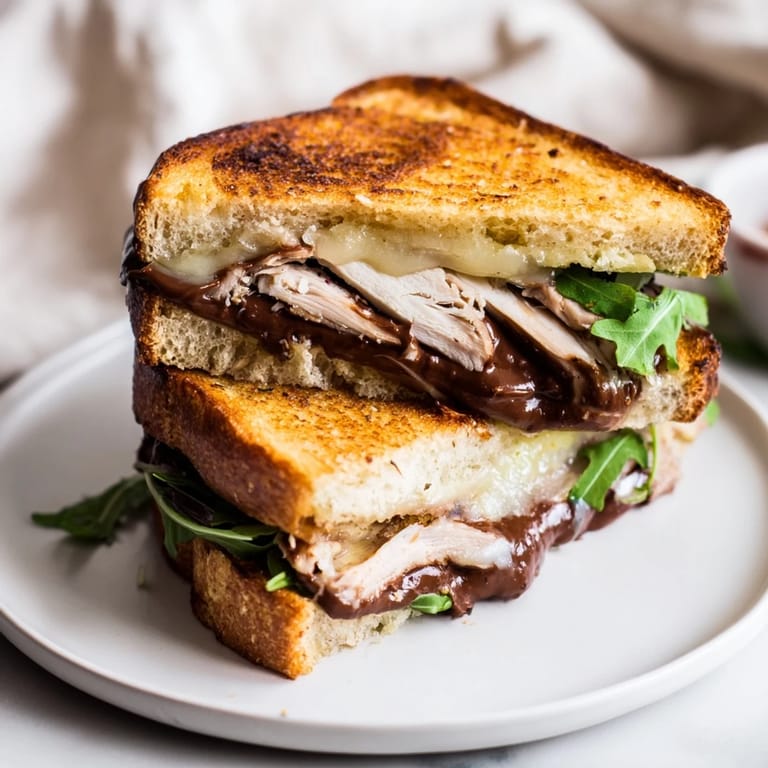The layers of the Nutella grilled cheese with chicken are visible, boasting creamy brie and tender chicken.