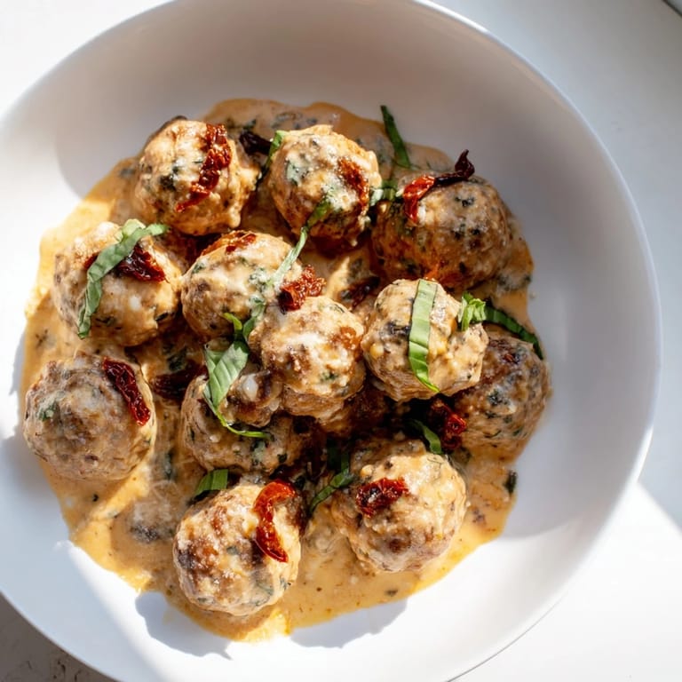 A close-up of tender Marry Me Chicken Meatballs, bathed in a vibrant, creamy, savory sauce.