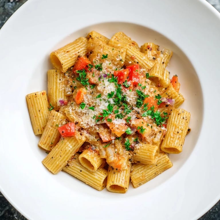 Garnished one-pot Diavola spicy pasta with parsley and Parmesan, offering a warm, inviting Italian dinner.
