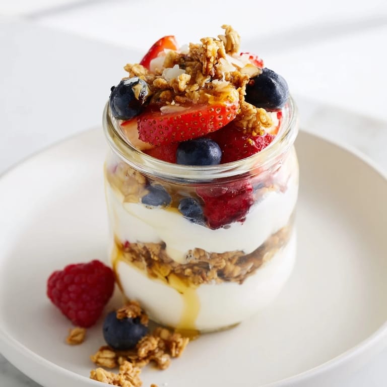 Fresh berries and crunchy granola topping a rich cashew butter yogurt parfait, ready to eat.