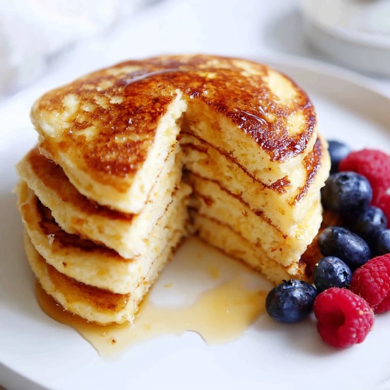 A stack of warm, inviting Lemon Ricotta Pancakes, drizzled with maple syrup for a delightful brunch.