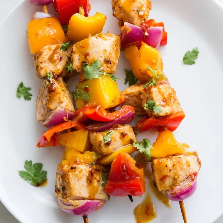 Skewers of marinated mango lime chicken sizzling on a grill, promising a flavorful summer meal.