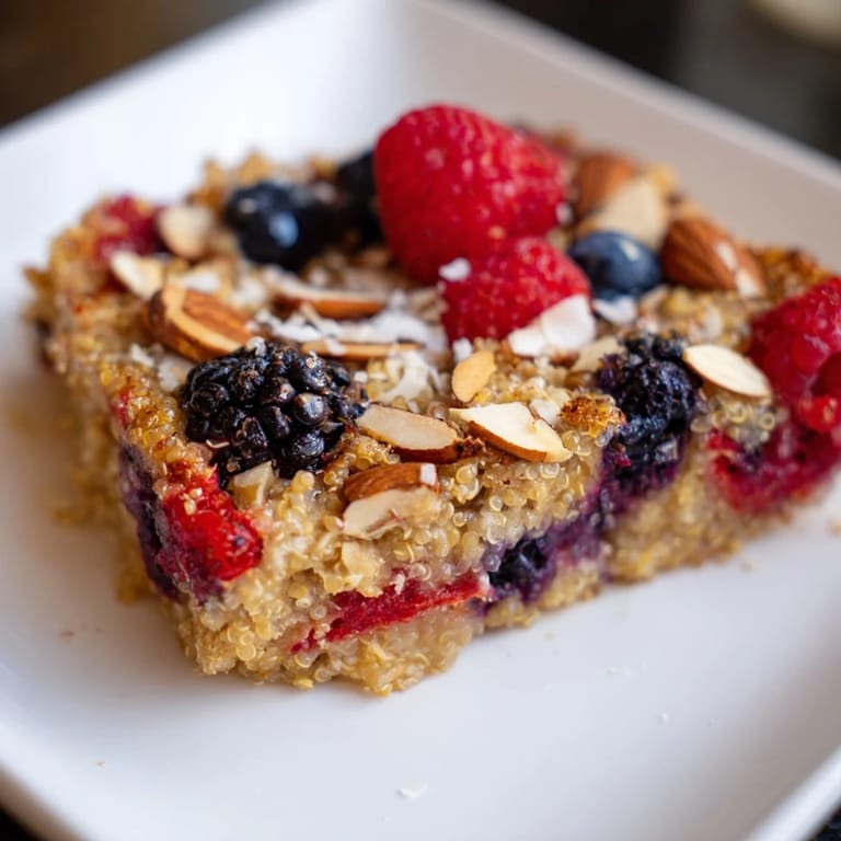 Enjoy a slice of homemade Berry Quinoa Breakfast Bake, a gluten-free and vegetarian breakfast delight.