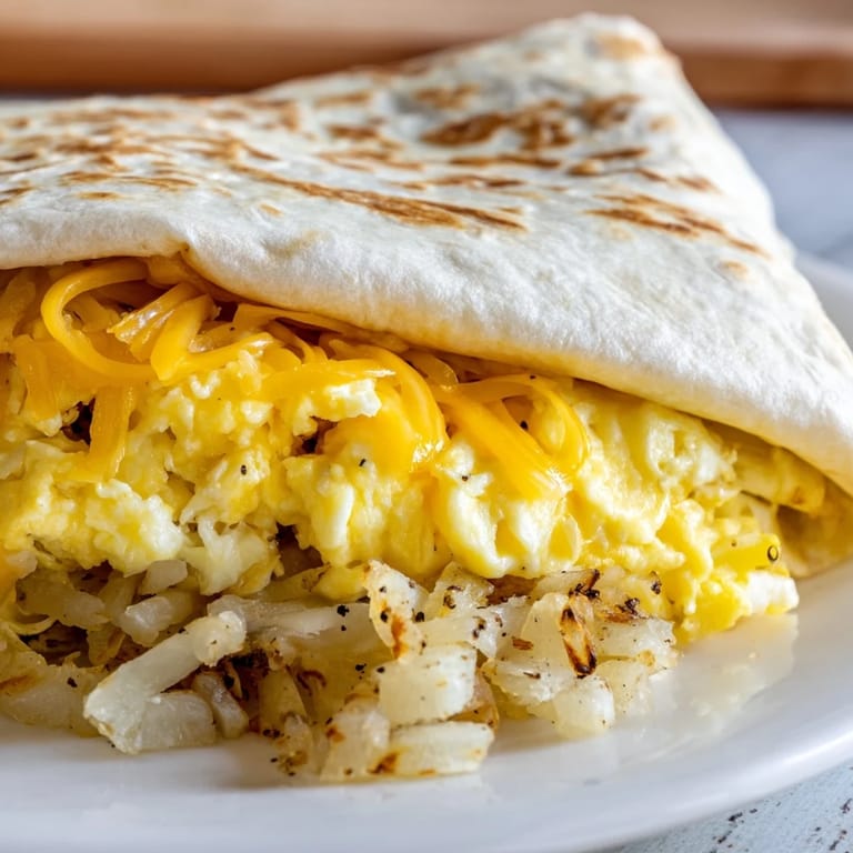 Freshly cooked breakfast crunchwrap, a handheld meal with melty cheese and golden tortilla.