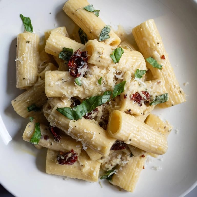 Golden penne pasta coated in a luxurious, creamy sun-dried tomato sauce, ready to serve and savor.