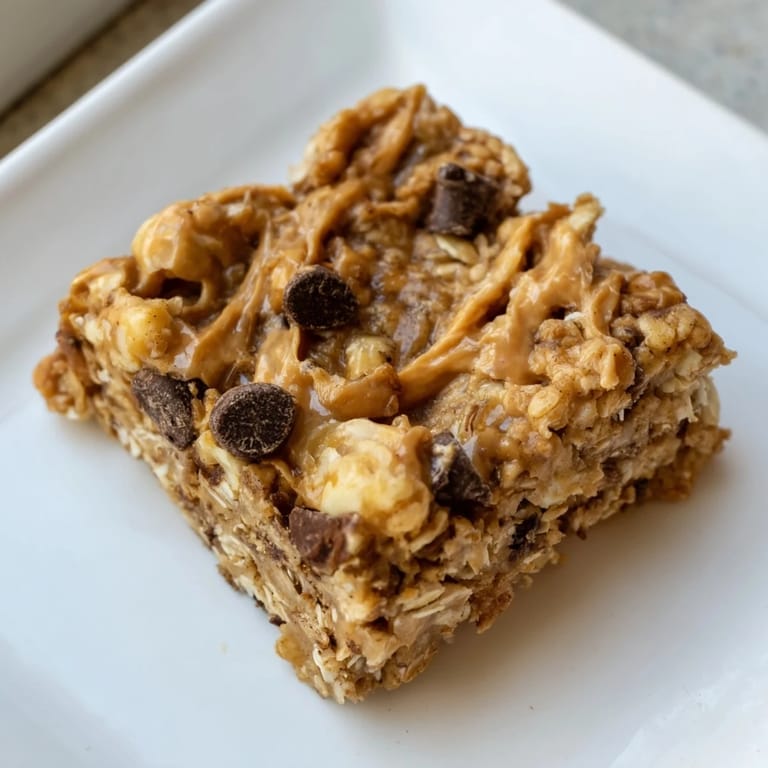 A close-up of Peanut Butter Banana Oat Bars, showing delightful texture and perfect layers.