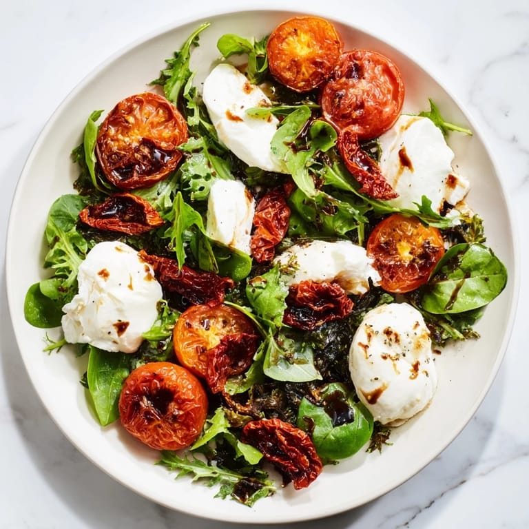 A gorgeous close-up shows a Tomato Flight Salad, with glistening tomatoes and creamy burrata.