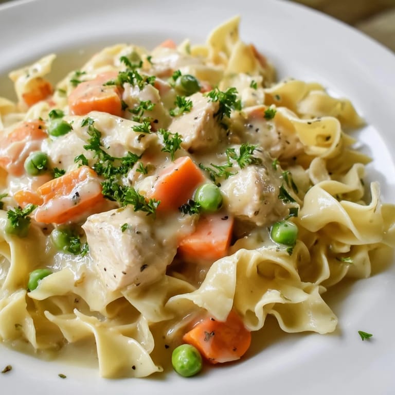 Close-up of creamy chicken and egg noodles, showcasing the rich sauce and tender chicken pieces.