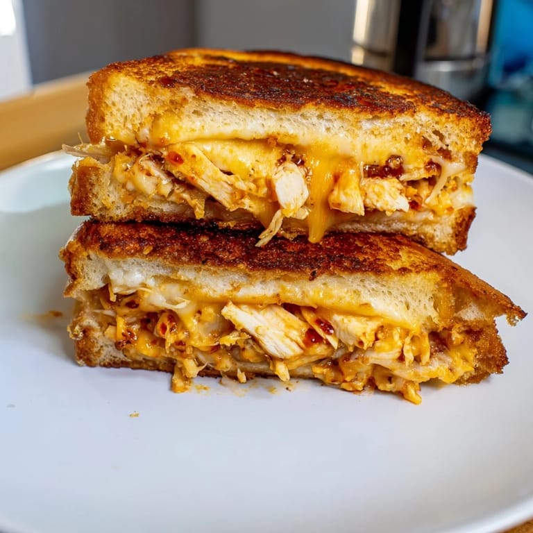 Melted cheese oozing from a perfectly grilled Chili Crisp Honey Chicken Grilled Cheese sandwich, served with extra chili crisp.