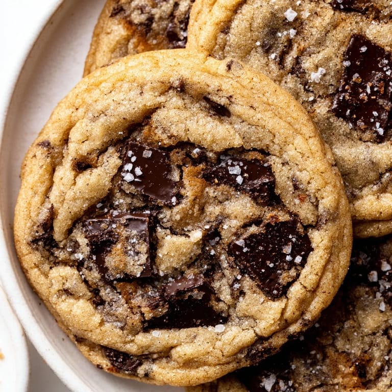 Freshly baked Miso Brown Butter Cookies: a close-up shows textures, with gooey chocolate and flake salt.