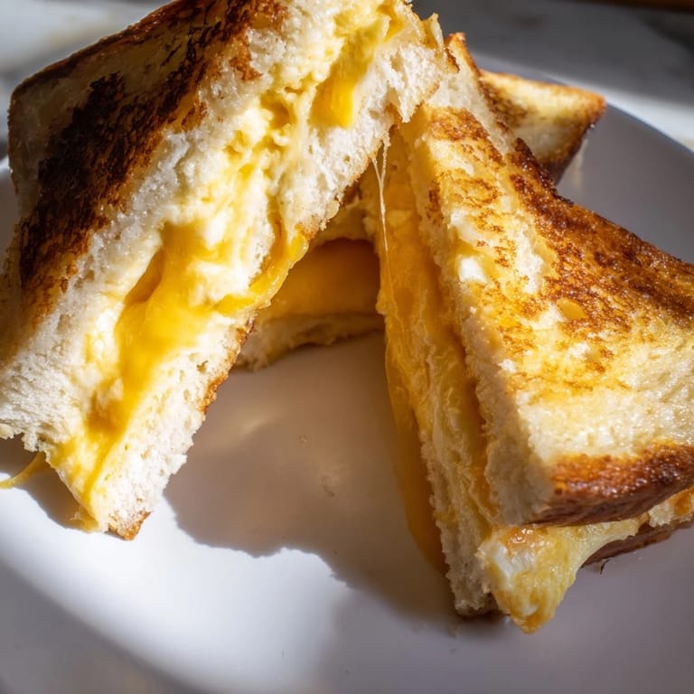 A beautiful cross-section shows the melty cheese inside Custard French Toast Grilled Cheese sandwiches.