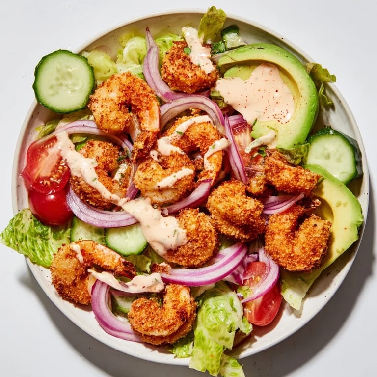 Close-up of a Spicy Crispy Shrimp Salad showcasing the fresh, creamy avocado and zesty dressing.