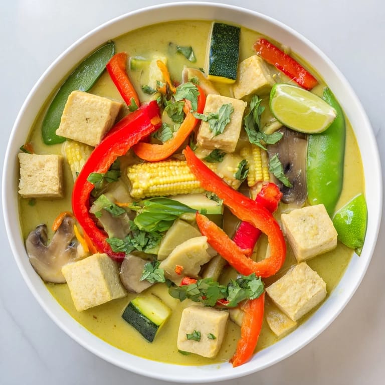 Aromatic Thai Green Curry Coconut Soup with tender vegetables and tofu, perfect for a cozy dinner.