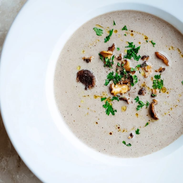 Thick and velvety creamy mushroom bisque, perfect for a cozy fall evening dinner.