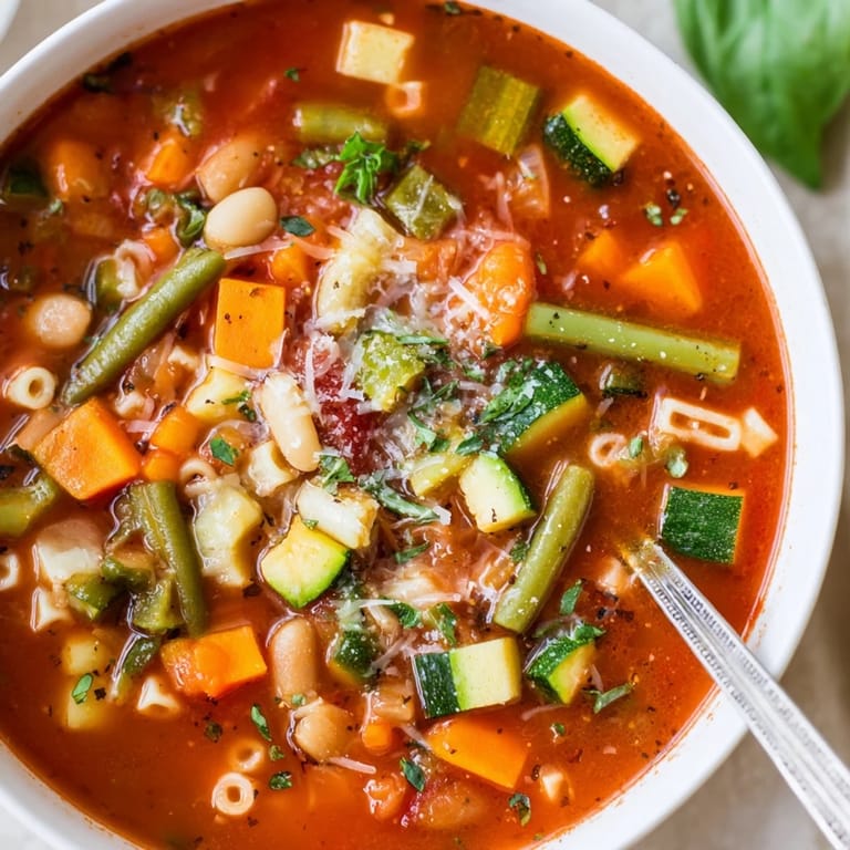 Close-up of a rustic Tomato Basil Minestrone, showing hearty vegetables and pasta in a rich broth.