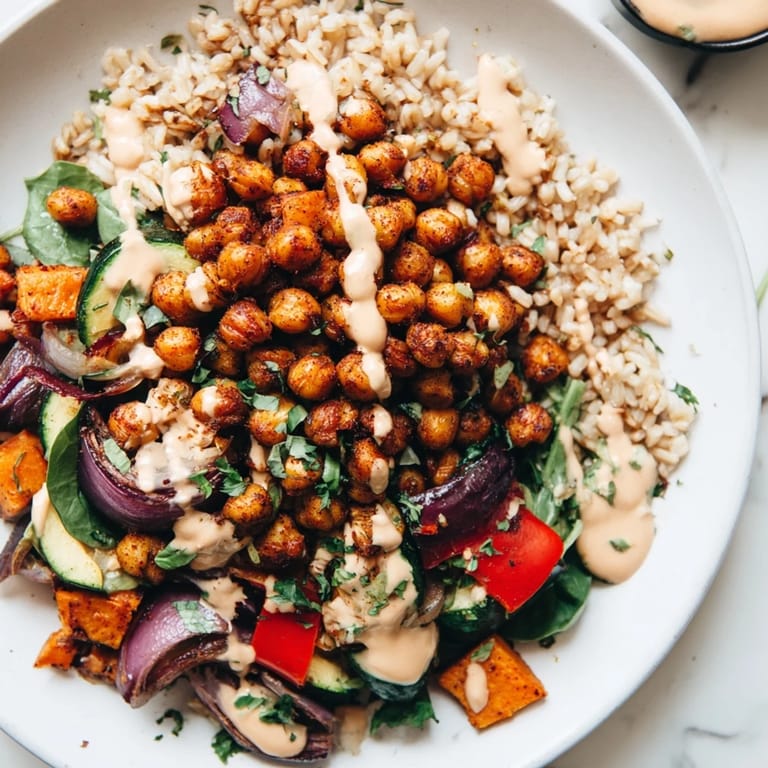 A hearty Roasted Chickpea Buddha Bowl, overflowing with colorful roasted vegetables and creamy tahini dressing.