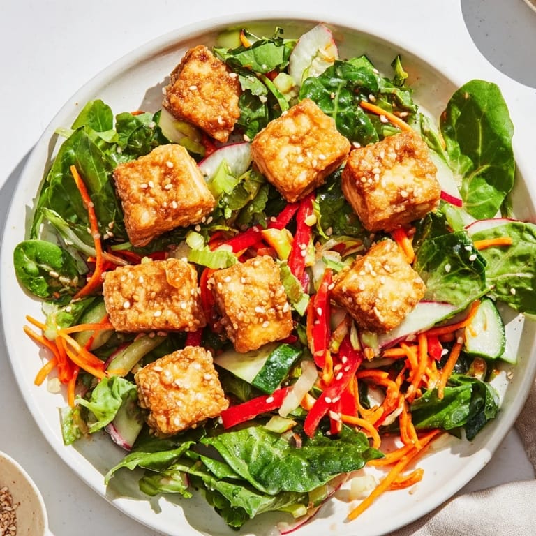 Perfectly fried tofu in a crispy tofu salad, offering a delightful mix of textures and Asian flavors.