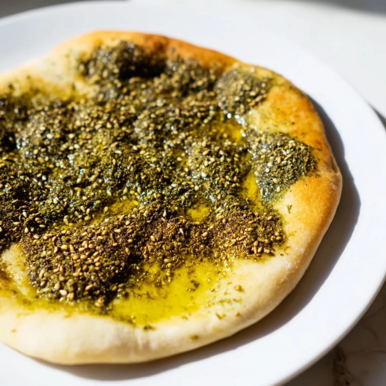Warm, freshly baked Levantine zaatar bread; flaky crust with a savory zaatar topping visually appealing.
