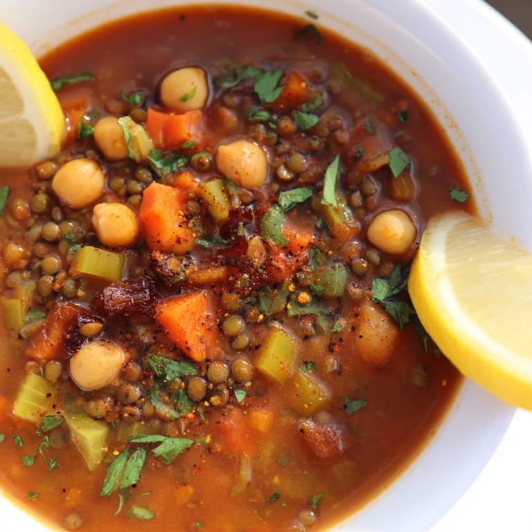 Close-up shot shows a comforting serving of thick, spiced North African Harira Soup.