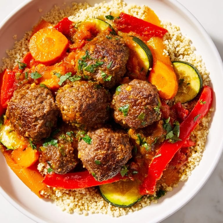 Close-up of hearty North African couscous kefta, showcasing tender meatballs and colorful sauce.