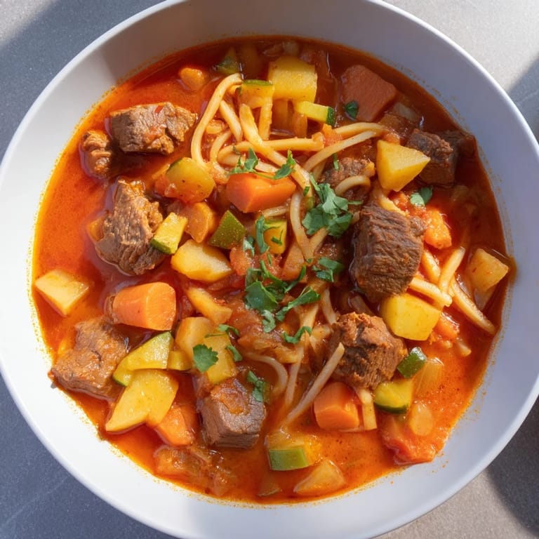 Steaming-hot Algerian Chorba, showcasing tender lamb and vegetables simmered with savory spices.