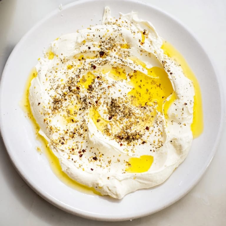 Homemade Levantine labneh, a smooth and tangy cheese, served with a sprinkle of mint and pepper.