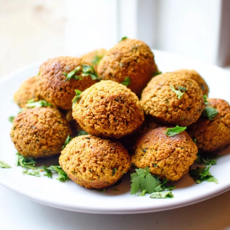 A close-up shot of freshly fried Levantine falafel, ready to be enjoyed with a drizzle of tahini sauce.