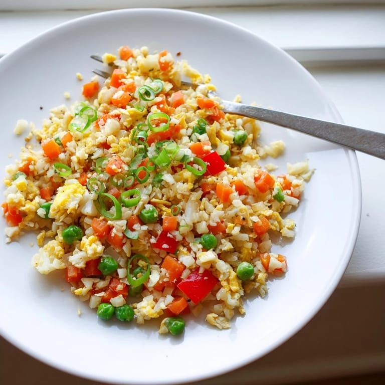 A steaming wok of cauliflower fried rice tossed with peas, carrots, ginger, and savory soy sauce.