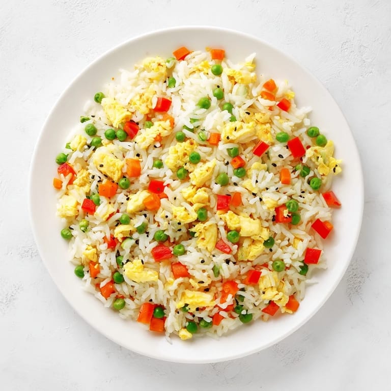 A hot wok steams with tender peas, carrots, and fluffy grains of Egg Fried Rice garnished with scallions.