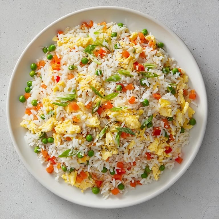 Stir-fried leftovers become a satisfying main dish: steaming Egg Fried Rice speckled with vegetables and sesame aroma.