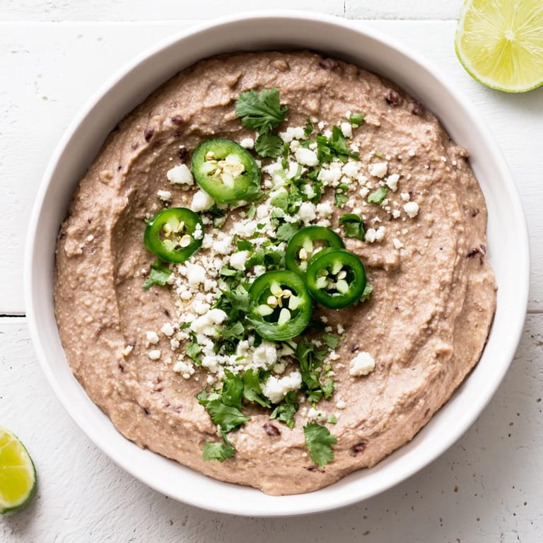 Close-up of Spicy Black Bean Dip, smooth and chunky, topped with jalapeño slices and crumbled cotija cheese for game day.