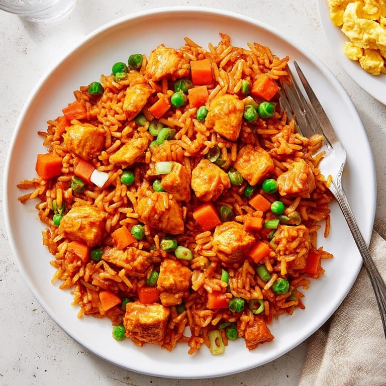 Close-up of a fork lifting savory Butter Chicken Fried Rice from a white ceramic plate, highlighting the creamy sauce coating the rice and fresh scallion garnish.