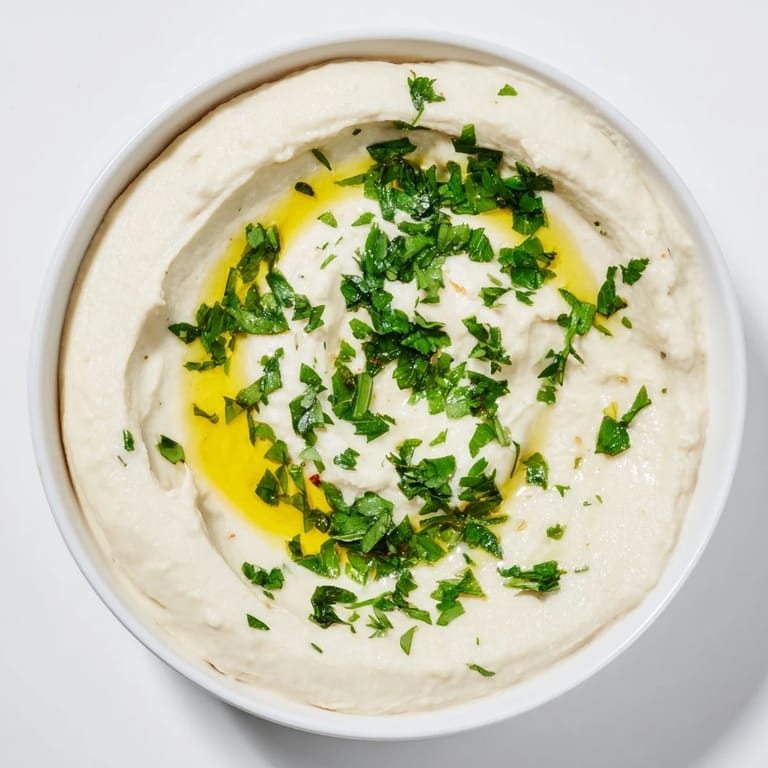 Close-up of velvety White Bean Dip in a bowl, topped with herbs and ready for snacking at a party.