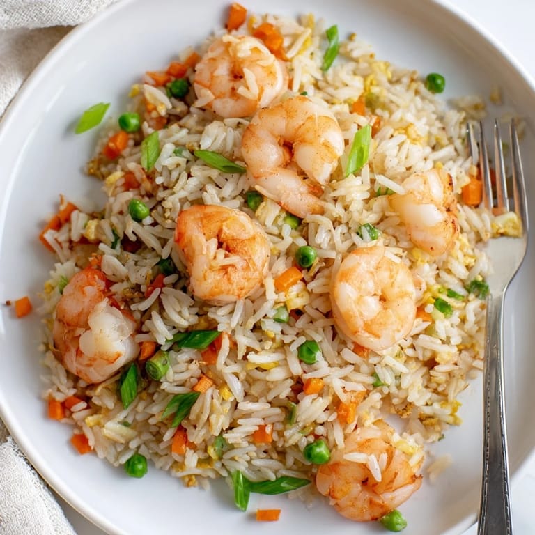 Easy Shrimp Garlic Fried Rice steaming in a wok, featuring aromatic garlic notes, savory soy sauce, and a vibrant mix of veggies for a satisfying meal.