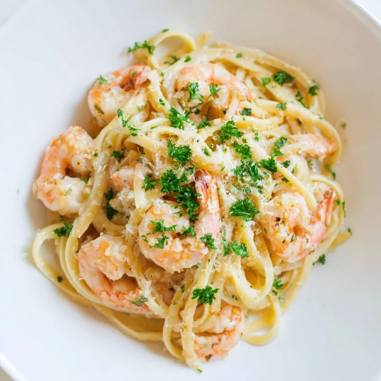 A close-up of Creamy Garlic Shrimp Pasta shows silky Parmesan sauce clinging to linguine and plump sautéed shrimp.