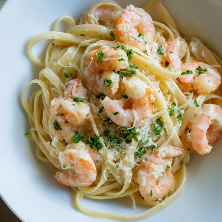 Tender, pink shrimp rest atop steaming Creamy Garlic Shrimp Pasta, with lemon wedges and a sprinkle of red pepper flakes.