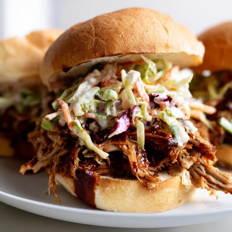 Golden toasted brioche buns cradle smoky pulled barbecue chicken and vibrant, tangy coleslaw in this classic American sandwich.