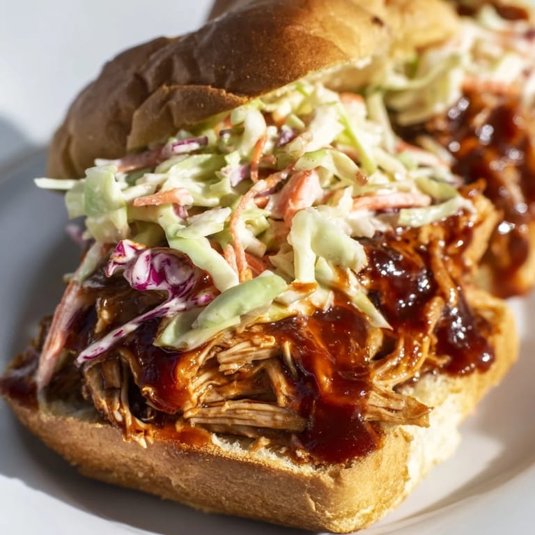 A delicious pulled chicken sandwich features succulent barbecue chicken and crisp, refreshing slaw nestled in a soft brioche bun.
