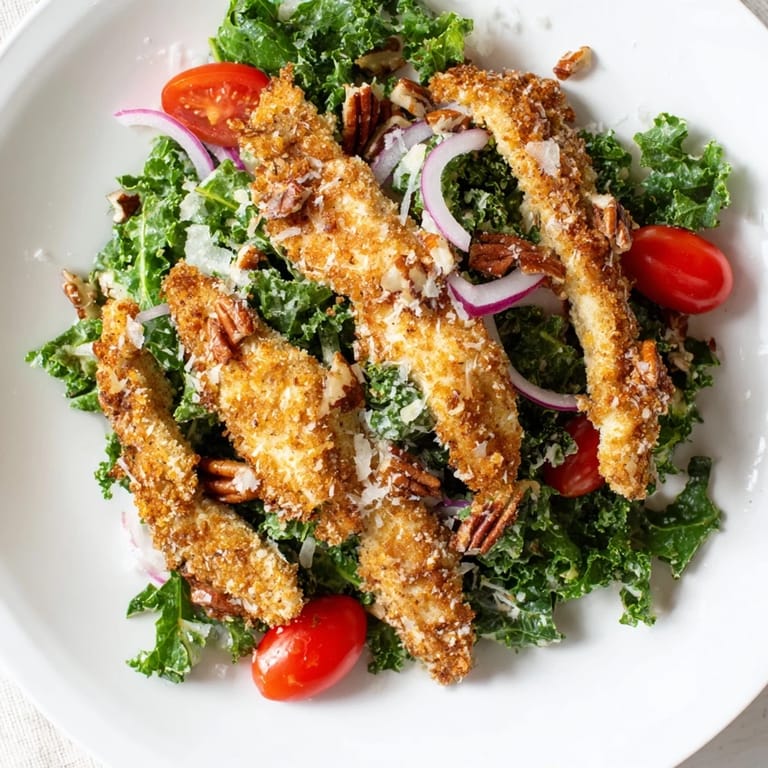 A hearty Crispy Chicken Kale Salad with golden fried chicken, fresh kale, and a sweet and tangy maple-Dijon dressing.  