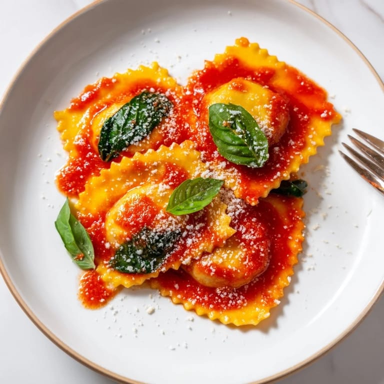 Tender ravioli with creamy ricotta and spinach filling, served steaming with marinara and parmesan.