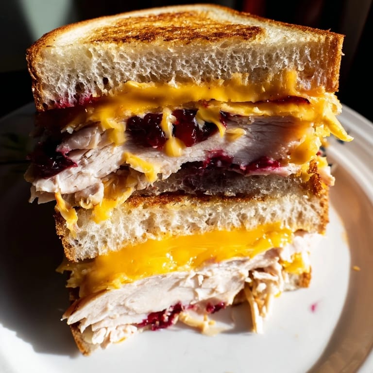 Perfectly golden Smoked Turkey Grilled Cheese sliced to show layers of smoked turkey, sharp cheddar, and cranberry spread on sourdough.