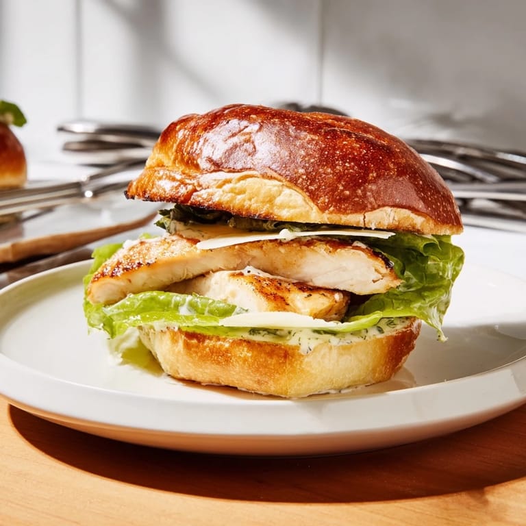 Serve this American-style Caesar Chicken Sandwich hot off the grill, paired with a side of crispy fries or a chilled beverage.