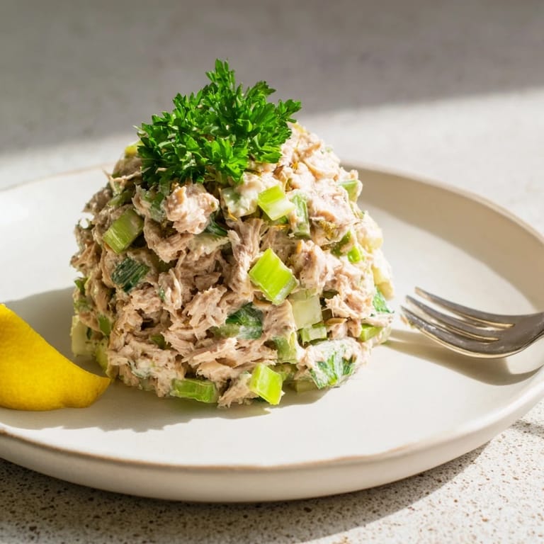 Bright overhead view of Spicy Zesty Tuna Salad, garnished with parsley and served with lemon wedges on a rustic wooden table.
